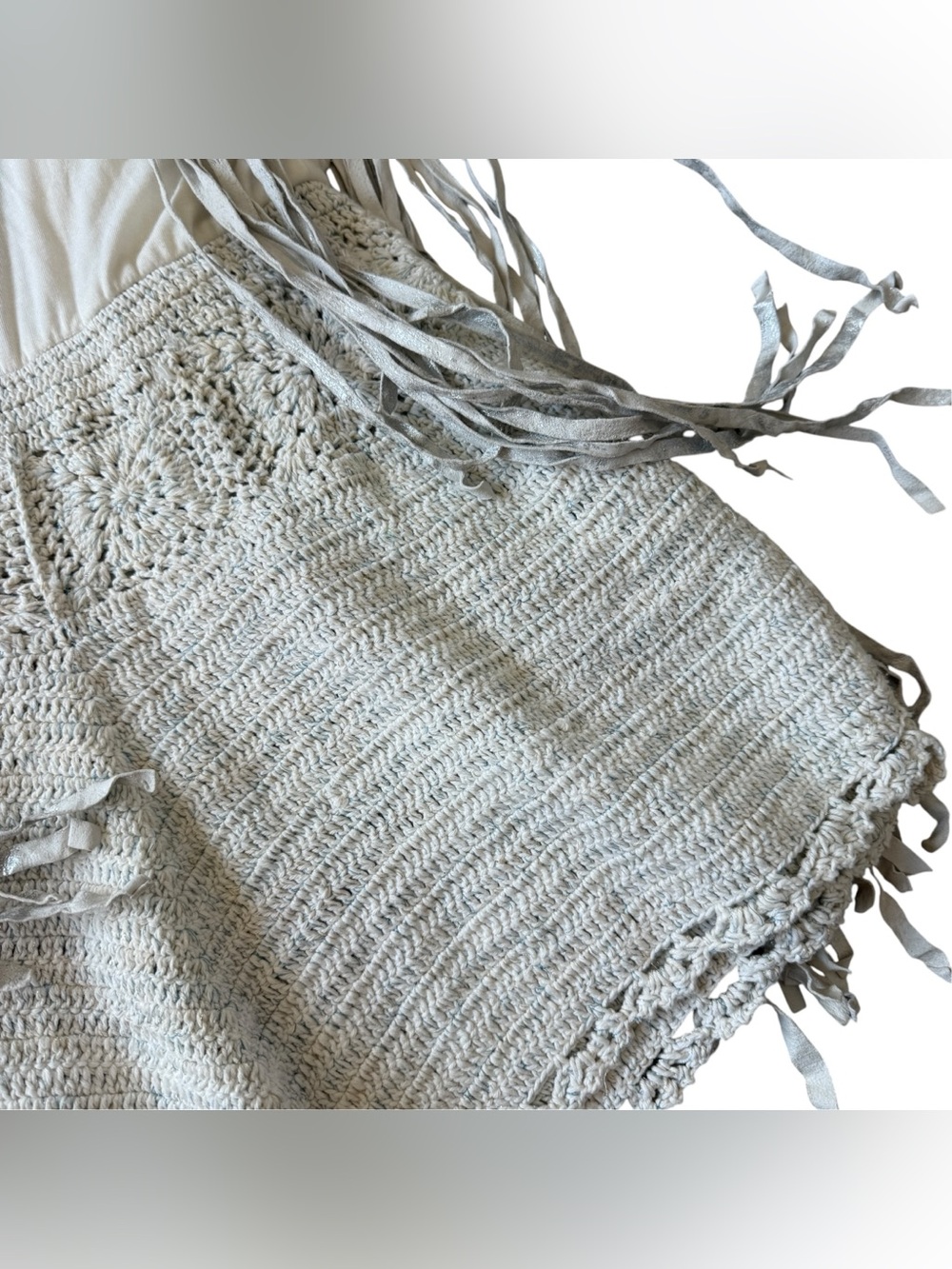 Free People Cream Crochet Fringe Leather Boho Festival Romper Shorts Western L - Picture 7 of 15